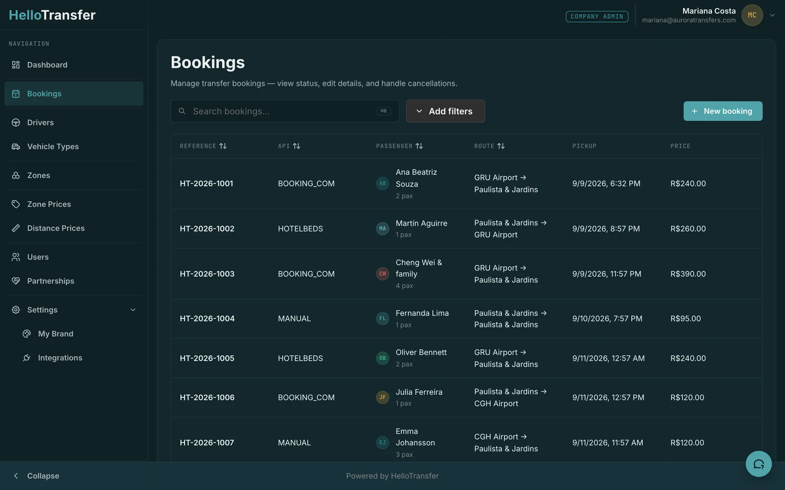 Bookings list with reference, channel, passenger, route, pickup time and price columns