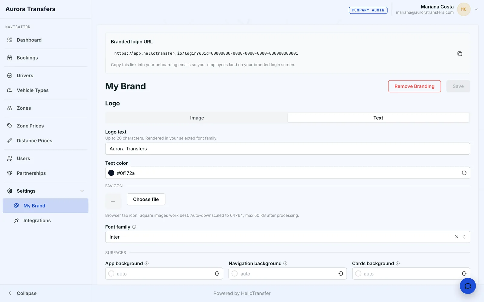 Brand settings with a custom company name, text colour and font