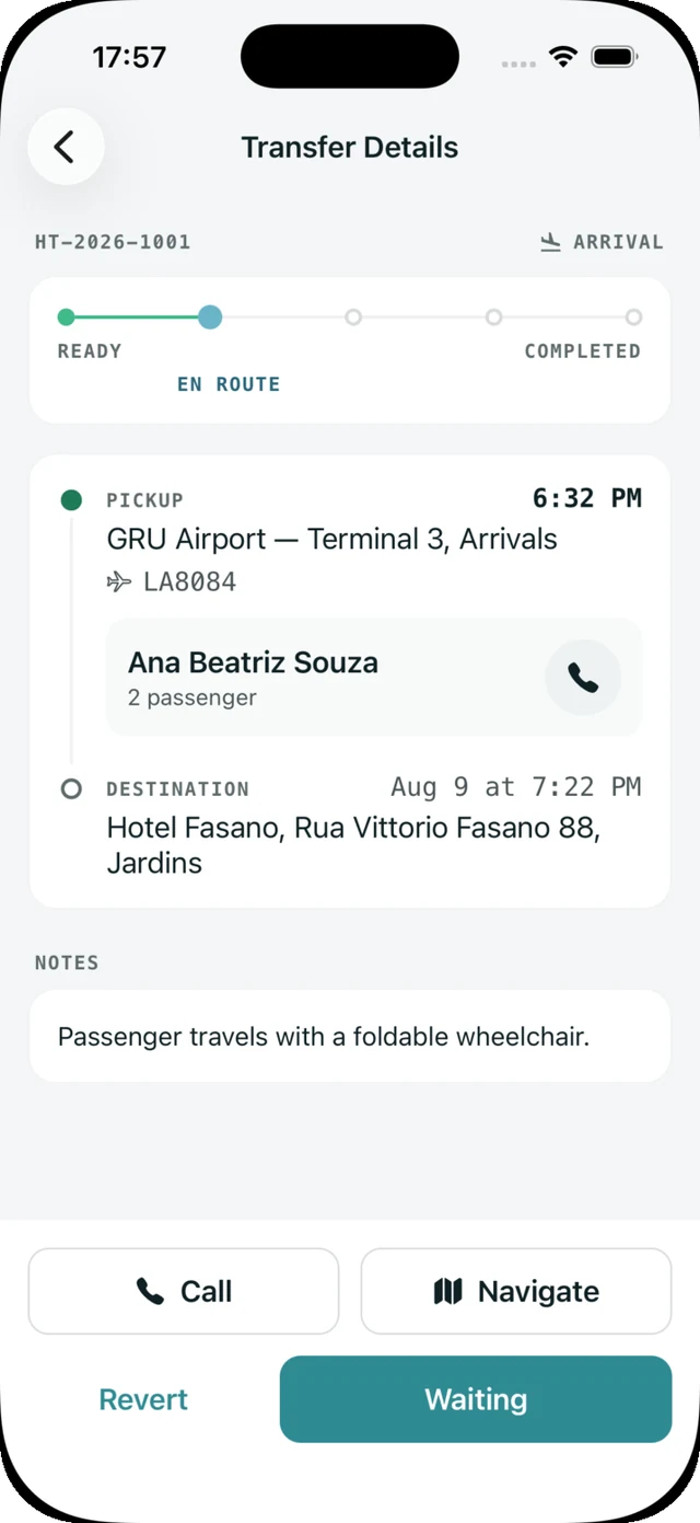 DriverApp transfer details with the status steps and the call and navigate buttons